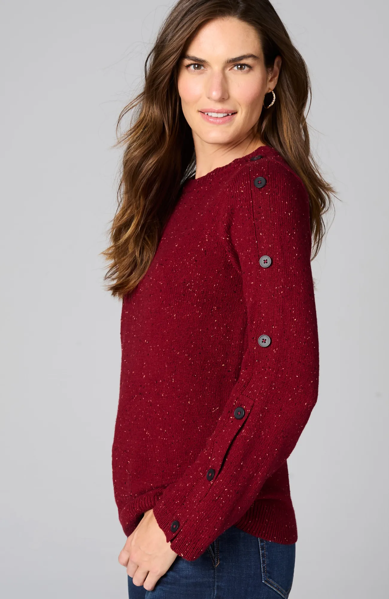 J.Jill Tweed Buttoned-Sleeve Sweater Fashion
