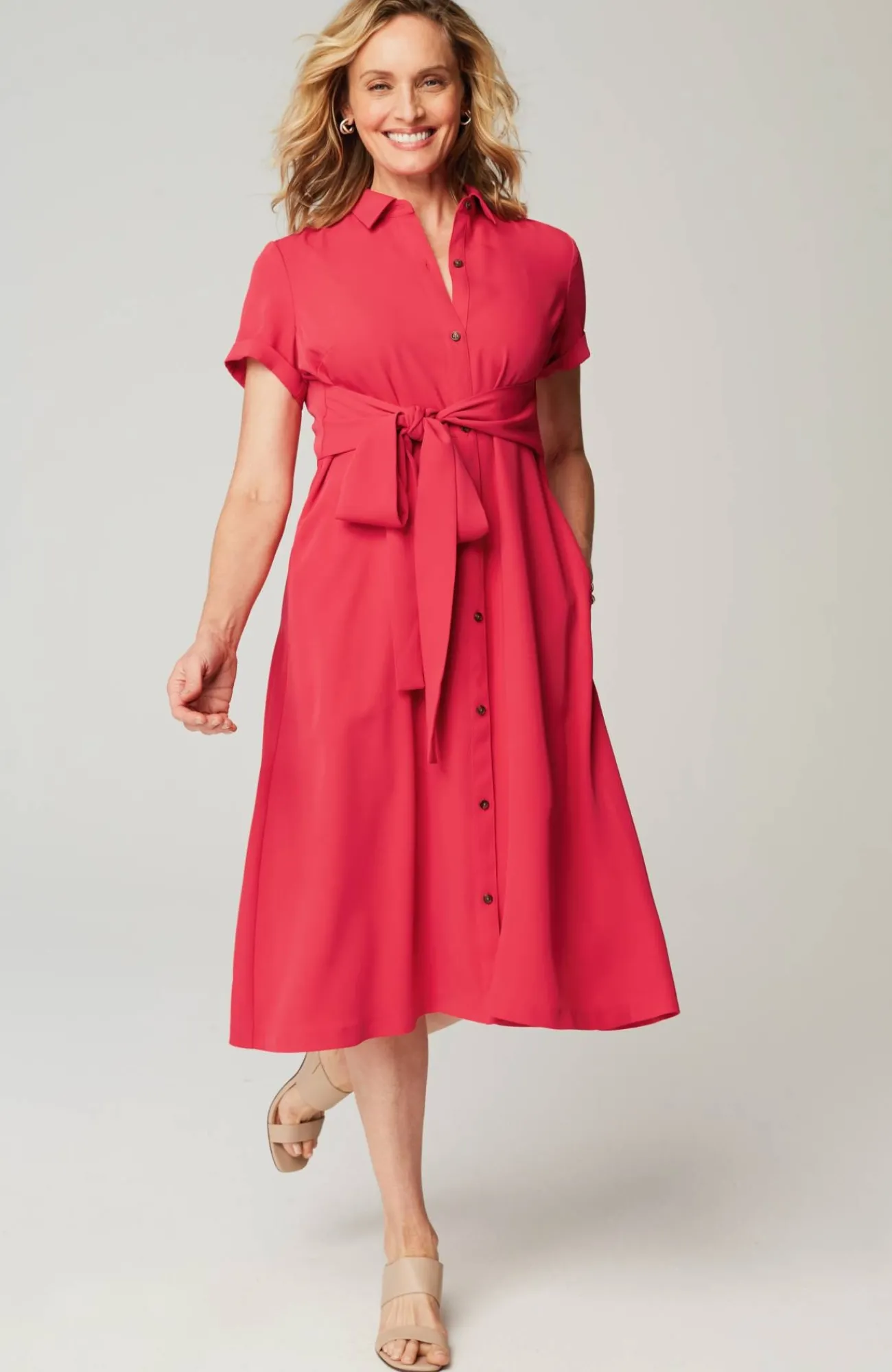 J.Jill Wearever Button-Front Belted Shirtdress Poppy Outlet