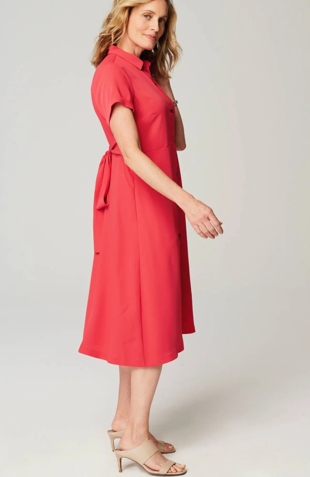 J.Jill Wearever Button-Front Belted Shirtdress Poppy Outlet