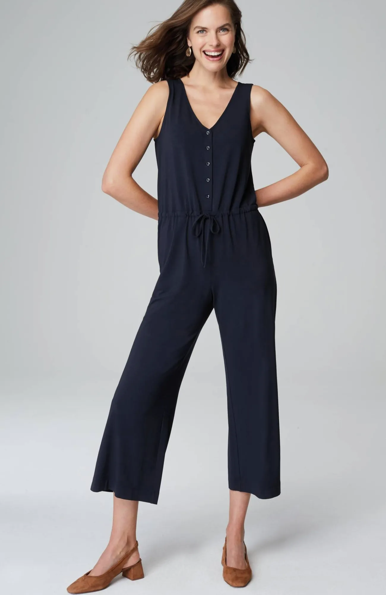 J.Jill Wearever Button-Front Jumpsuit Navy Blue Sale