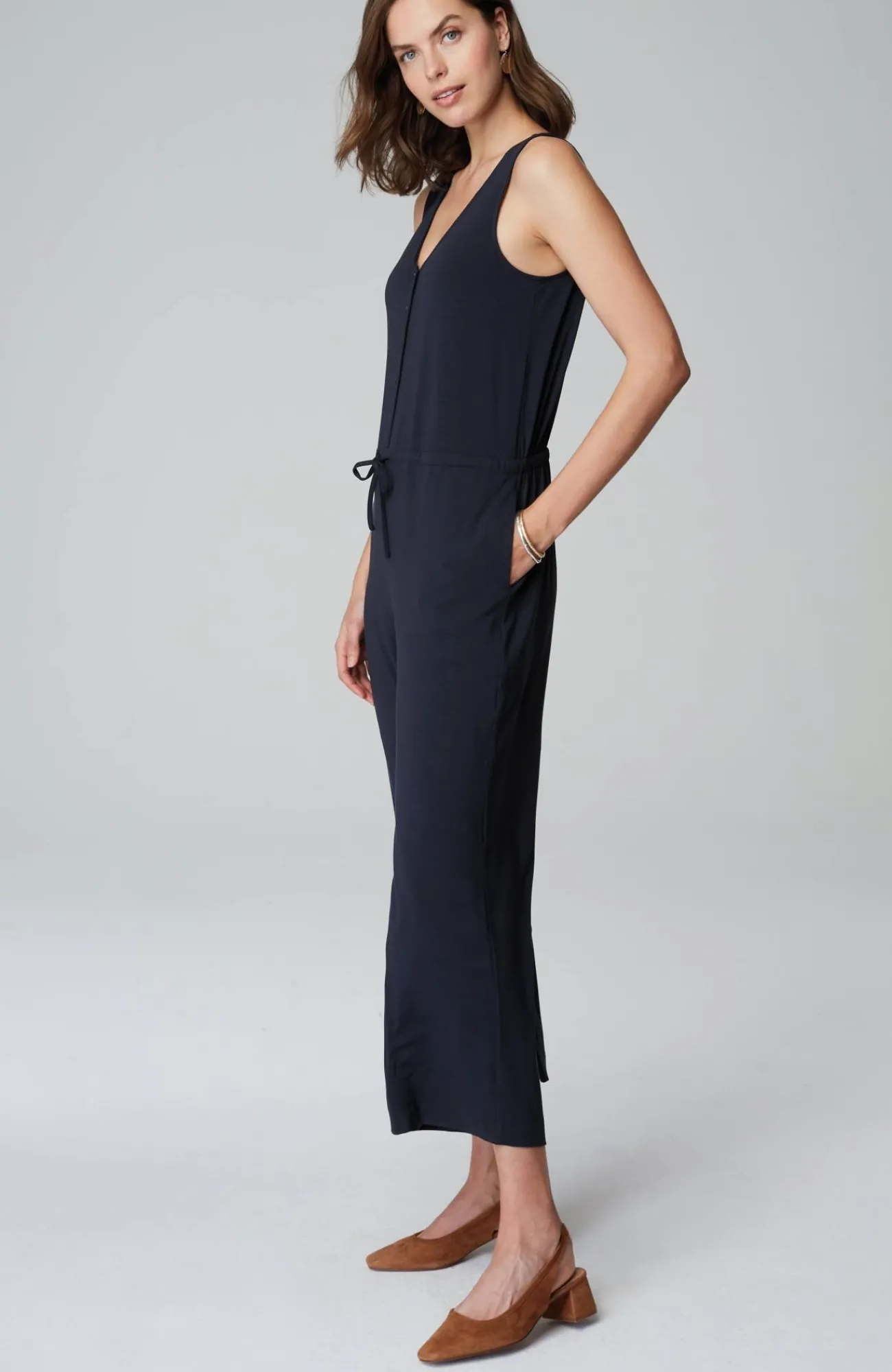 J.Jill Wearever Button-Front Jumpsuit Navy Blue Sale