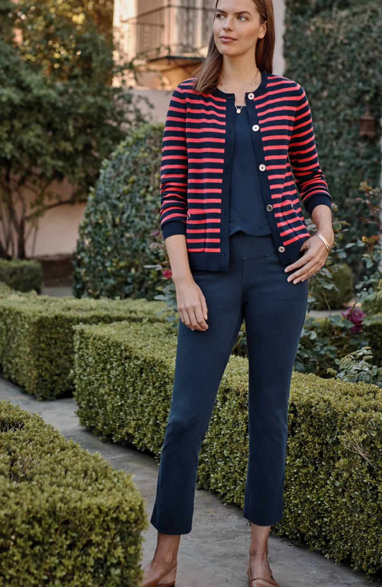 J.Jill Wearever Button-Front Striped Cardi Navy Blue/poppy Sale