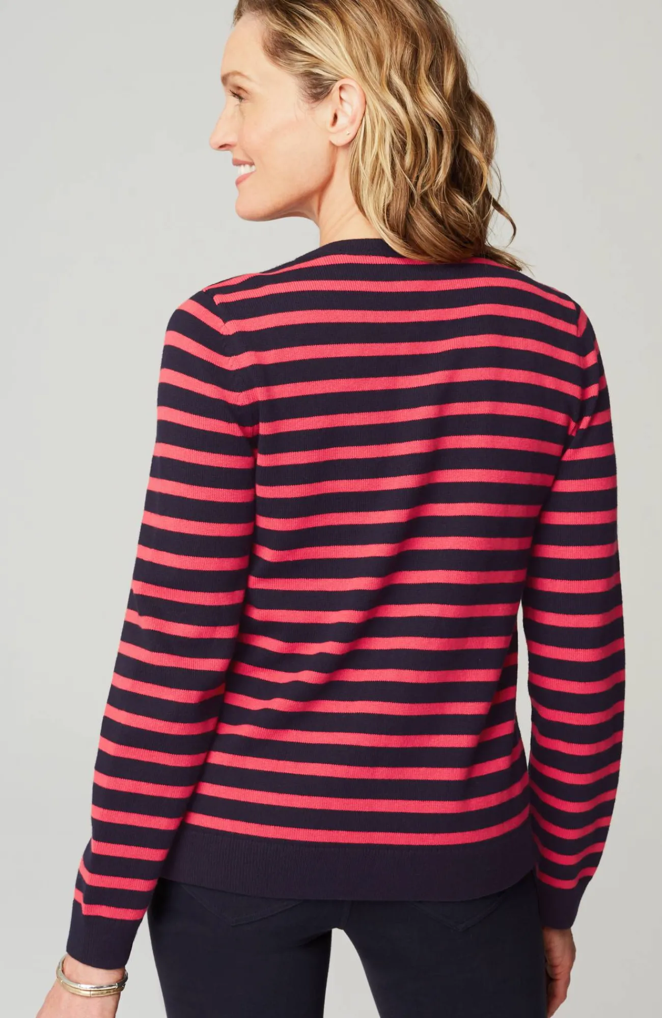 J.Jill Wearever Button-Front Striped Cardi Navy Blue/poppy Sale