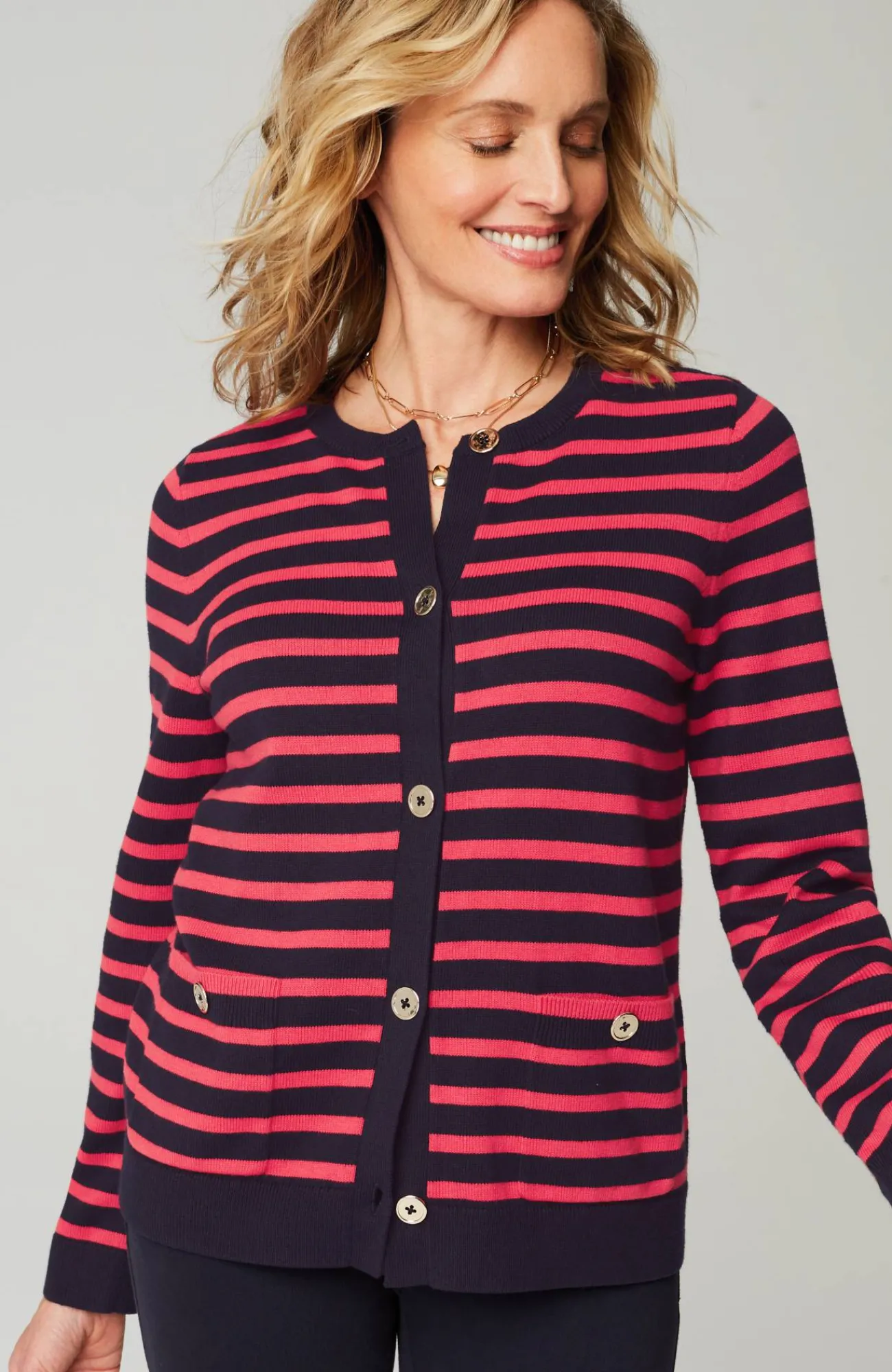 J.Jill Wearever Button-Front Striped Cardi Navy Blue/poppy Sale