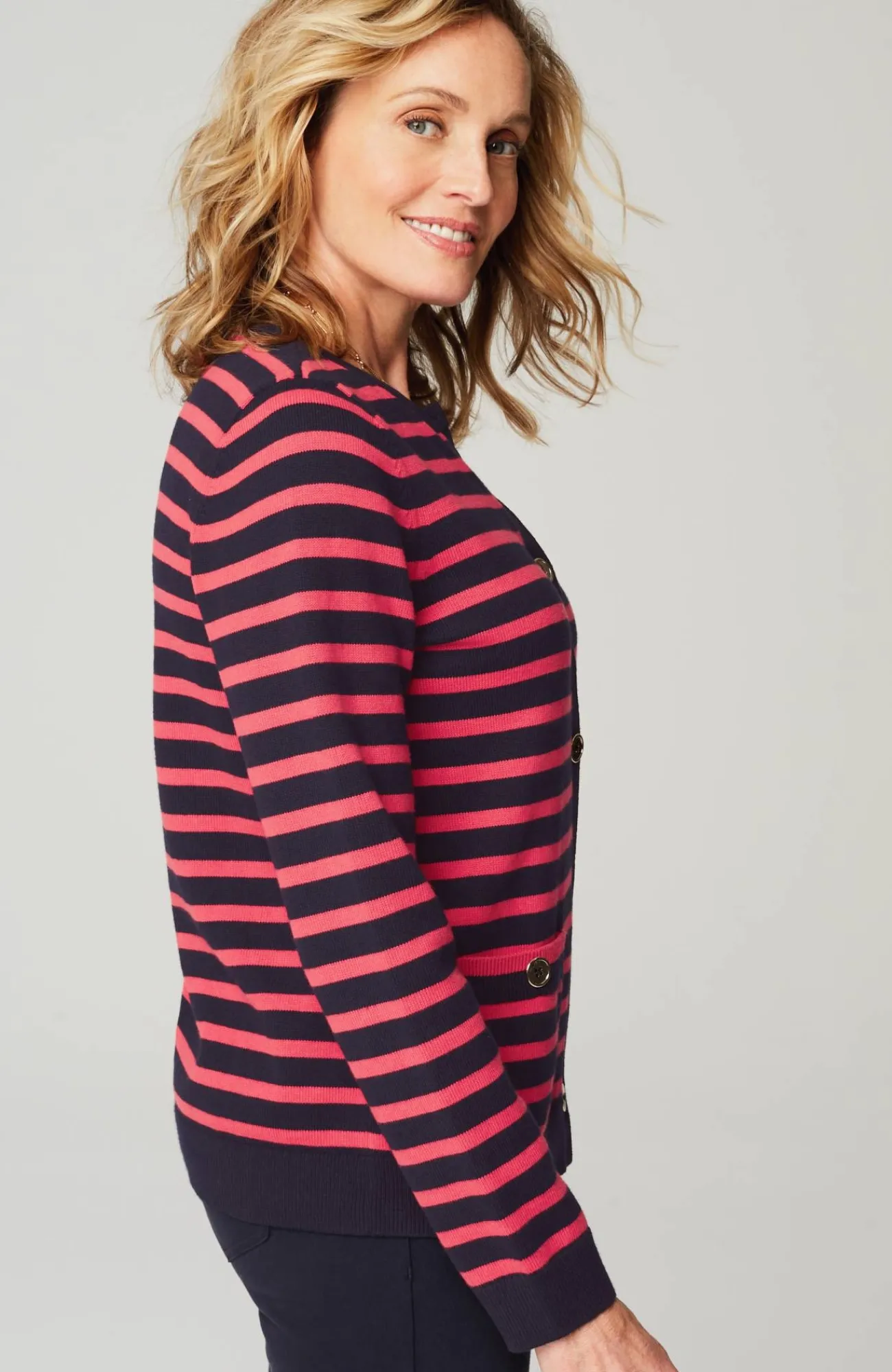 J.Jill Wearever Button-Front Striped Cardi Navy Blue/poppy Sale