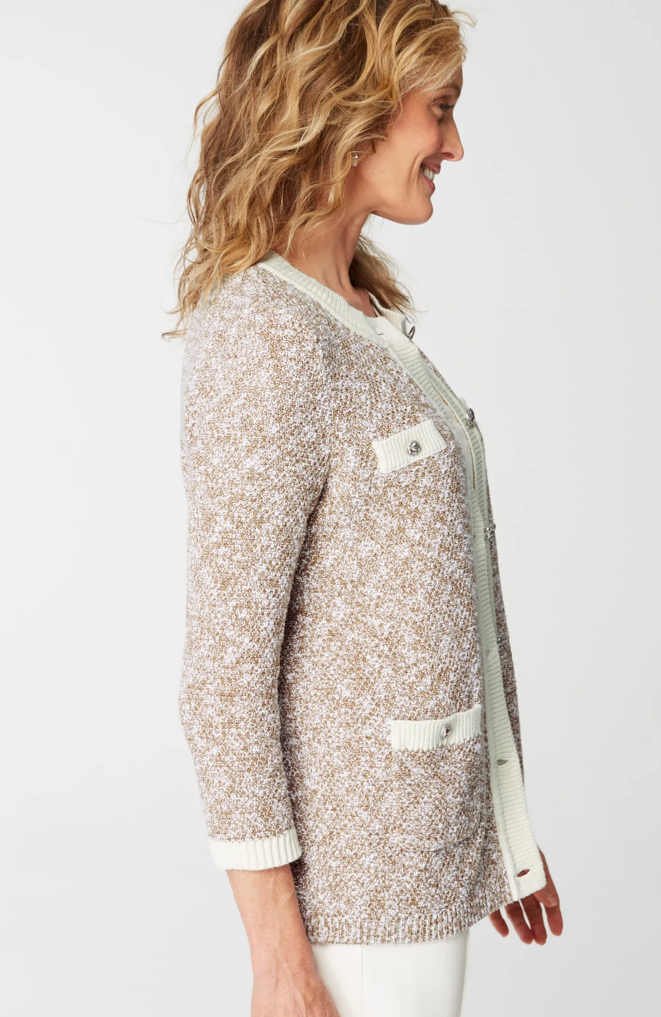 J.Jill Wearever Contrast-Trimmed Sweater-Jacket Camel/porcelain Sale