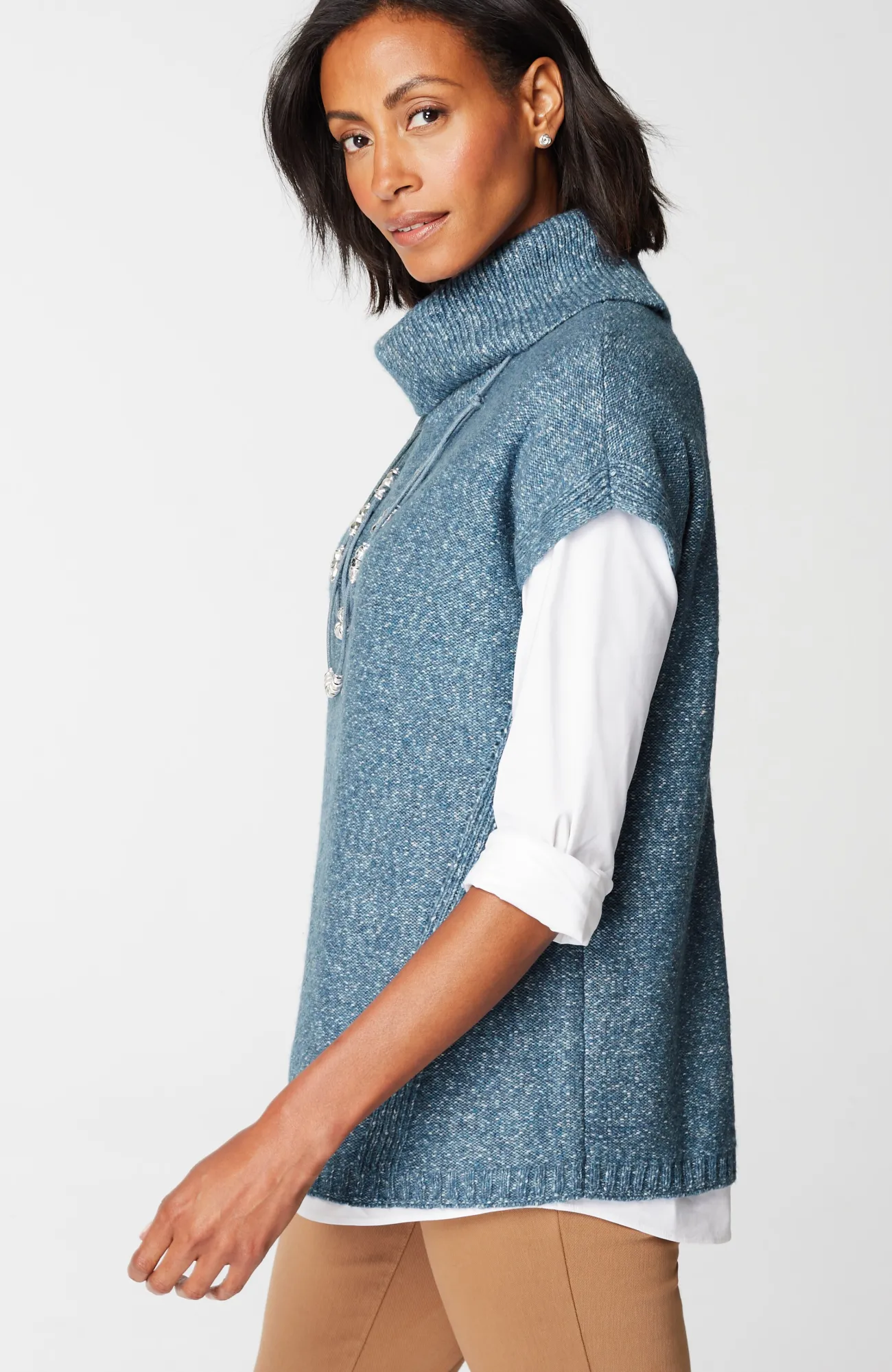 J.Jill Wearever Cowl-Neck Short-Sleeve Sweater Moonlit Sky Heather Hot