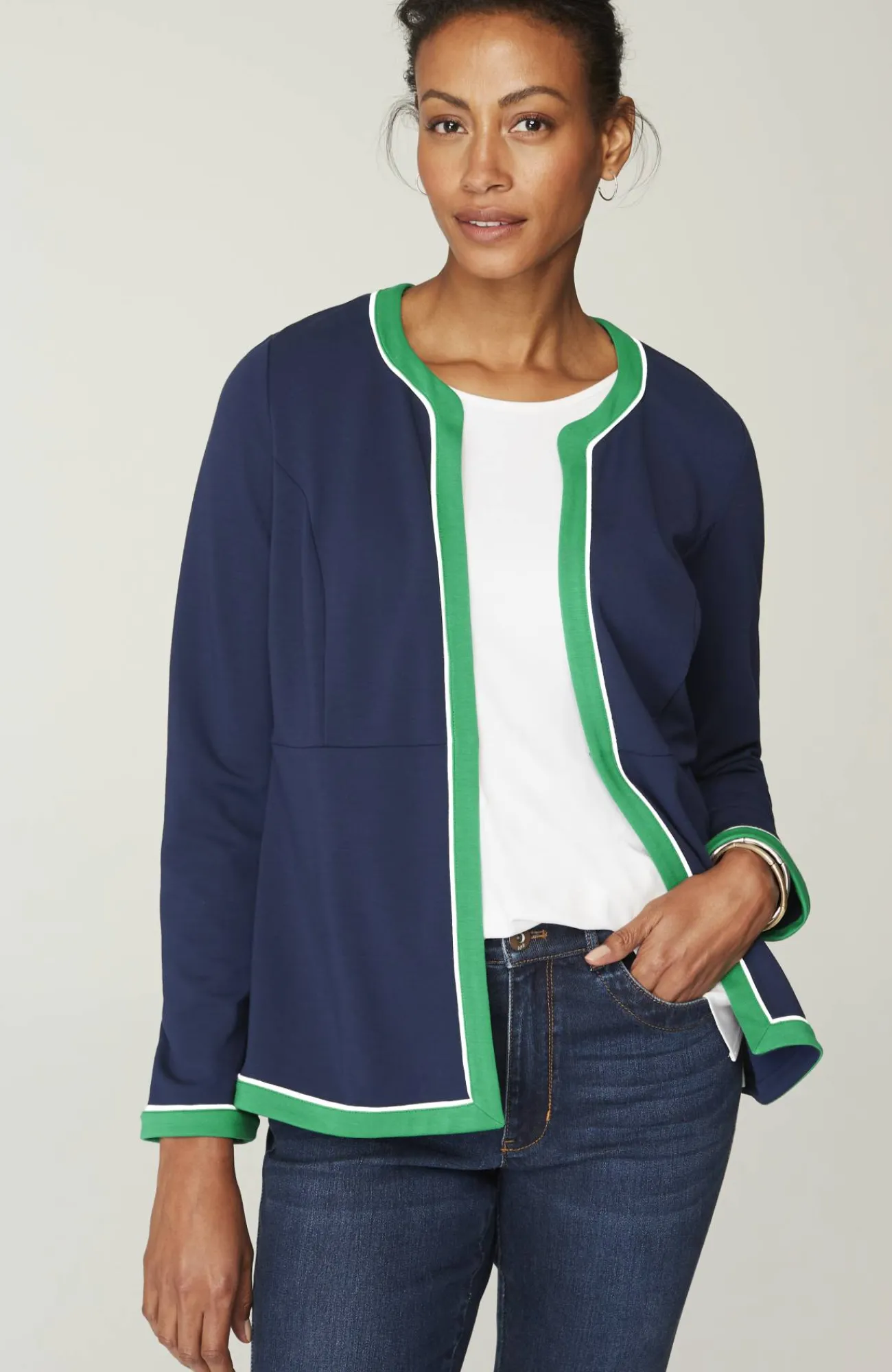 J.Jill Wearever Double-Face Jersey Contrast-Trim Jacket Navy Blue Multi Outlet