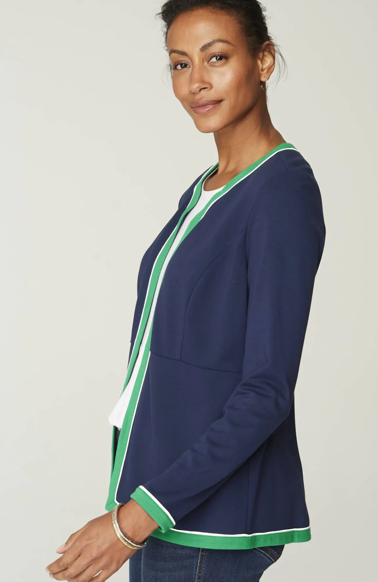 J.Jill Wearever Double-Face Jersey Contrast-Trim Jacket Navy Blue Multi Outlet