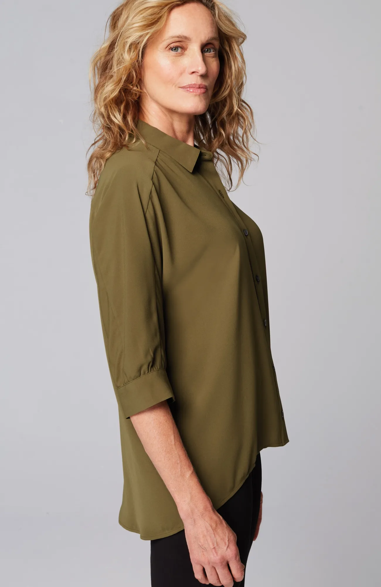 J.Jill Wearever Easy-Care High-Low Button-Down Spanish Olive Flash Sale