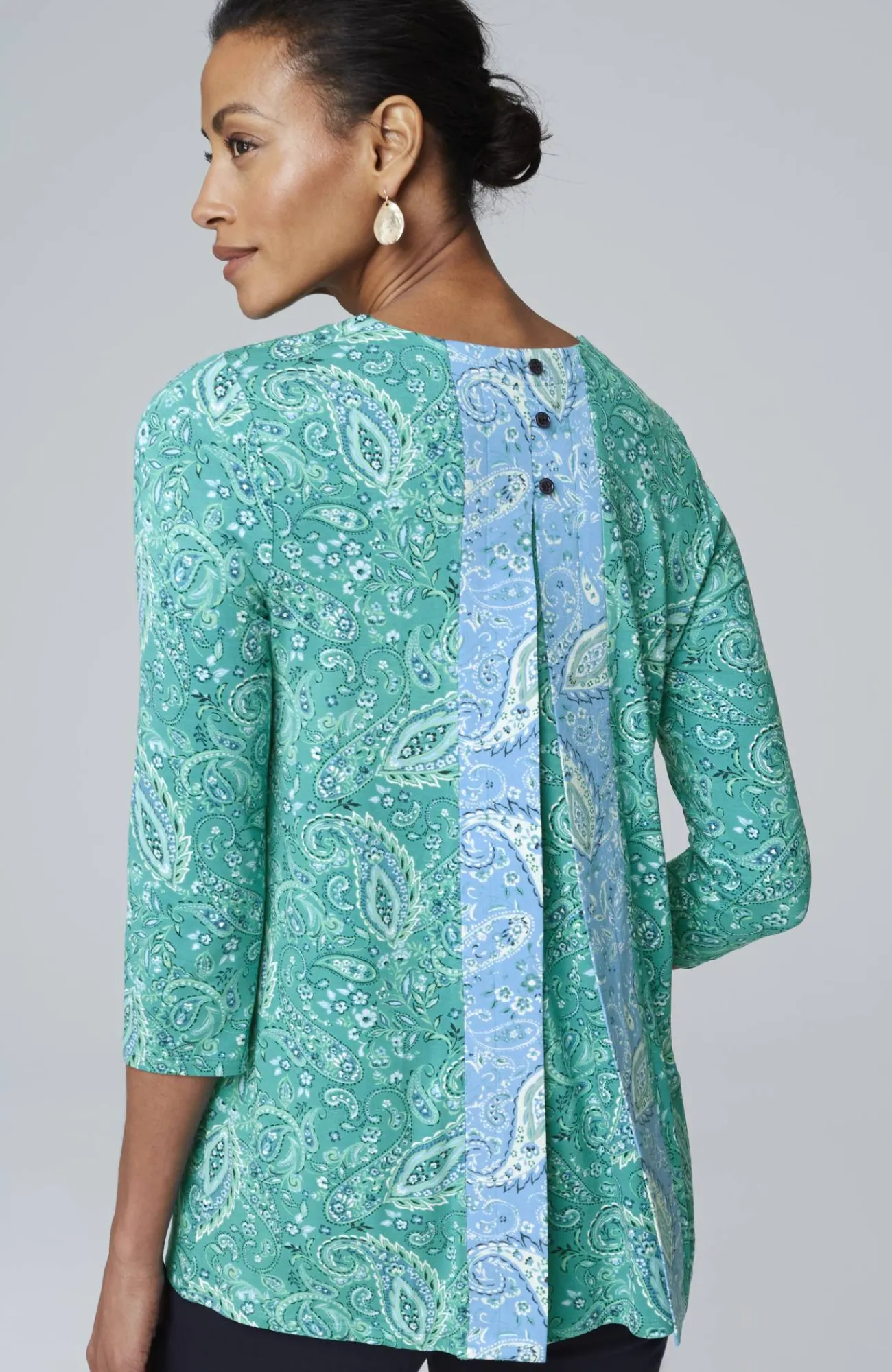 J.Jill Wearever Mixed-Print Button-Back Top Teal Green Paisley Flourish Mix New