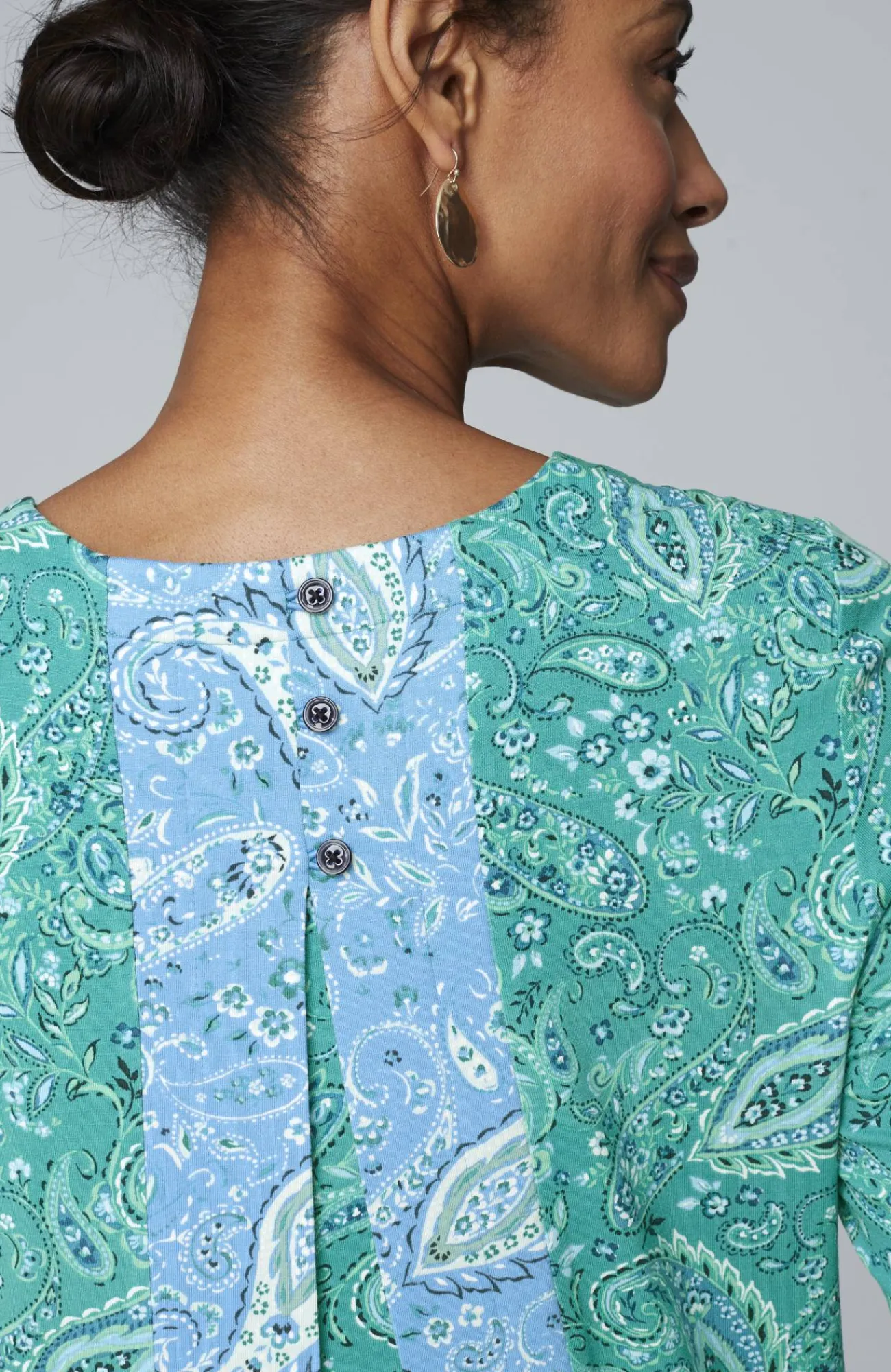J.Jill Wearever Mixed-Print Button-Back Top Teal Green Paisley Flourish Mix New