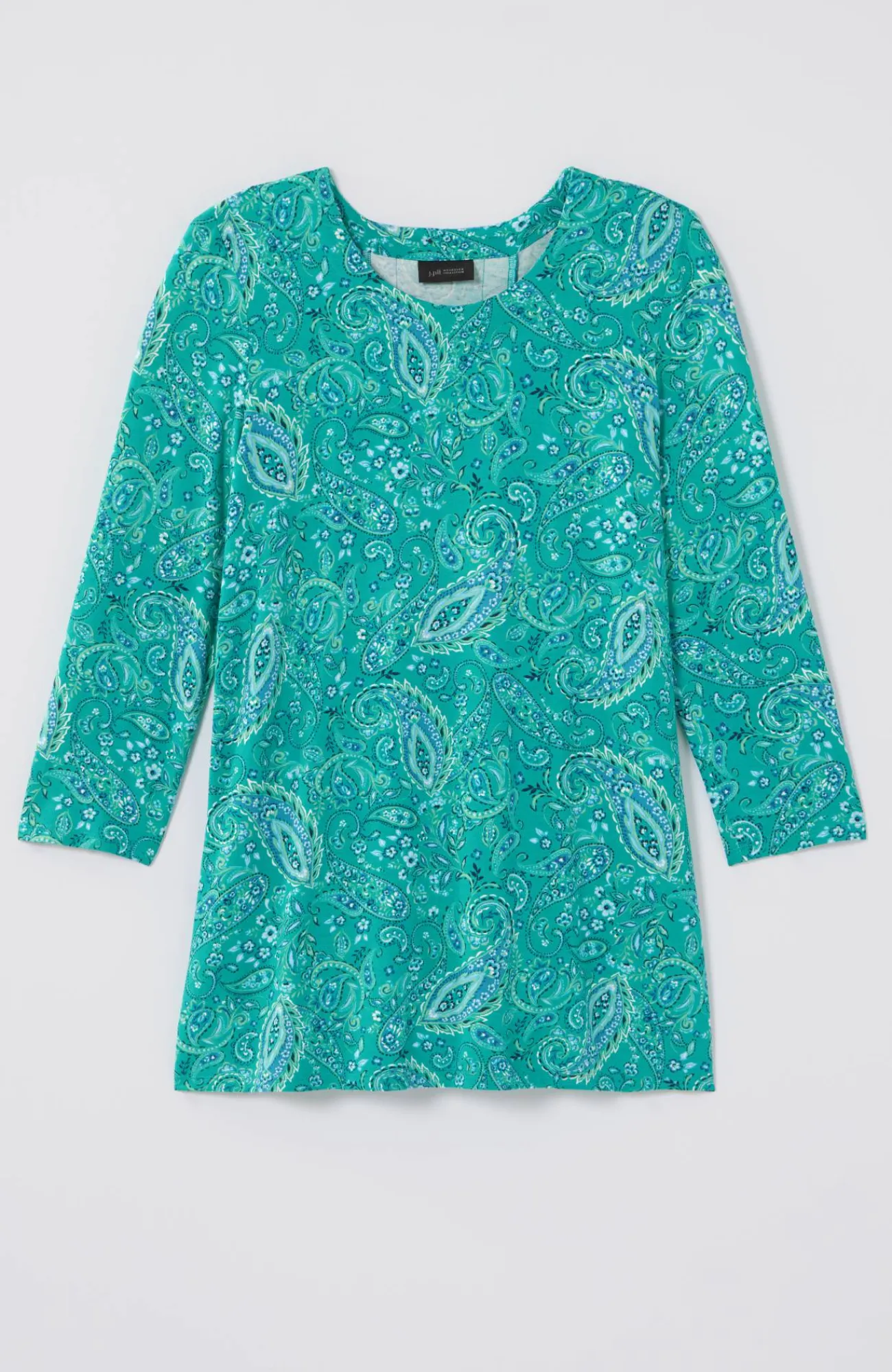 J.Jill Wearever Mixed-Print Button-Back Top Teal Green Paisley Flourish Mix New