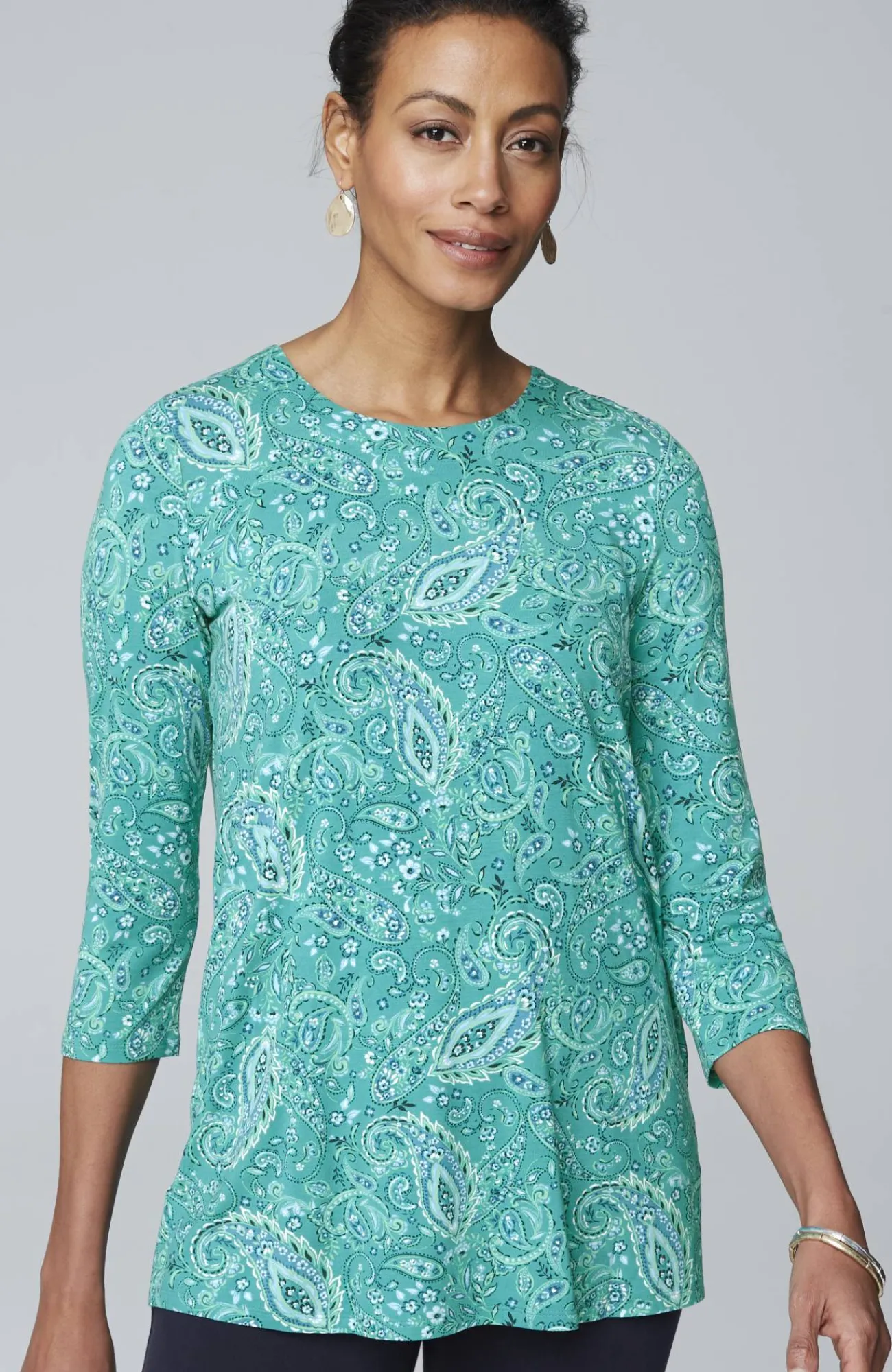 J.Jill Wearever Mixed-Print Button-Back Top Teal Green Paisley Flourish Mix New