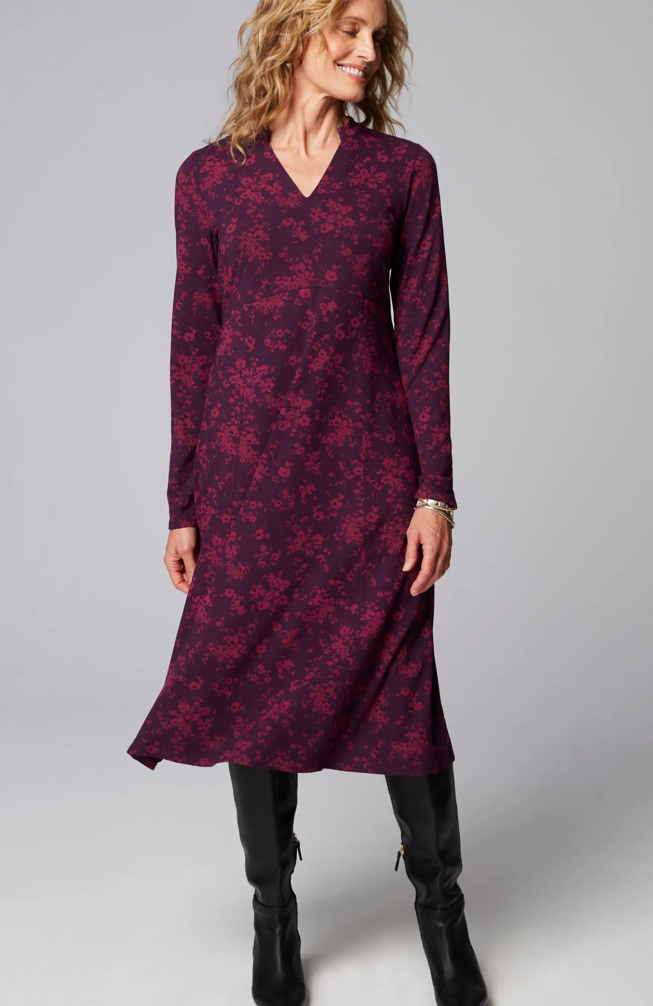 J.Jill Wearever Princess-Seamed V-Neck Dress Black Cherry Scattered Floral Cheap