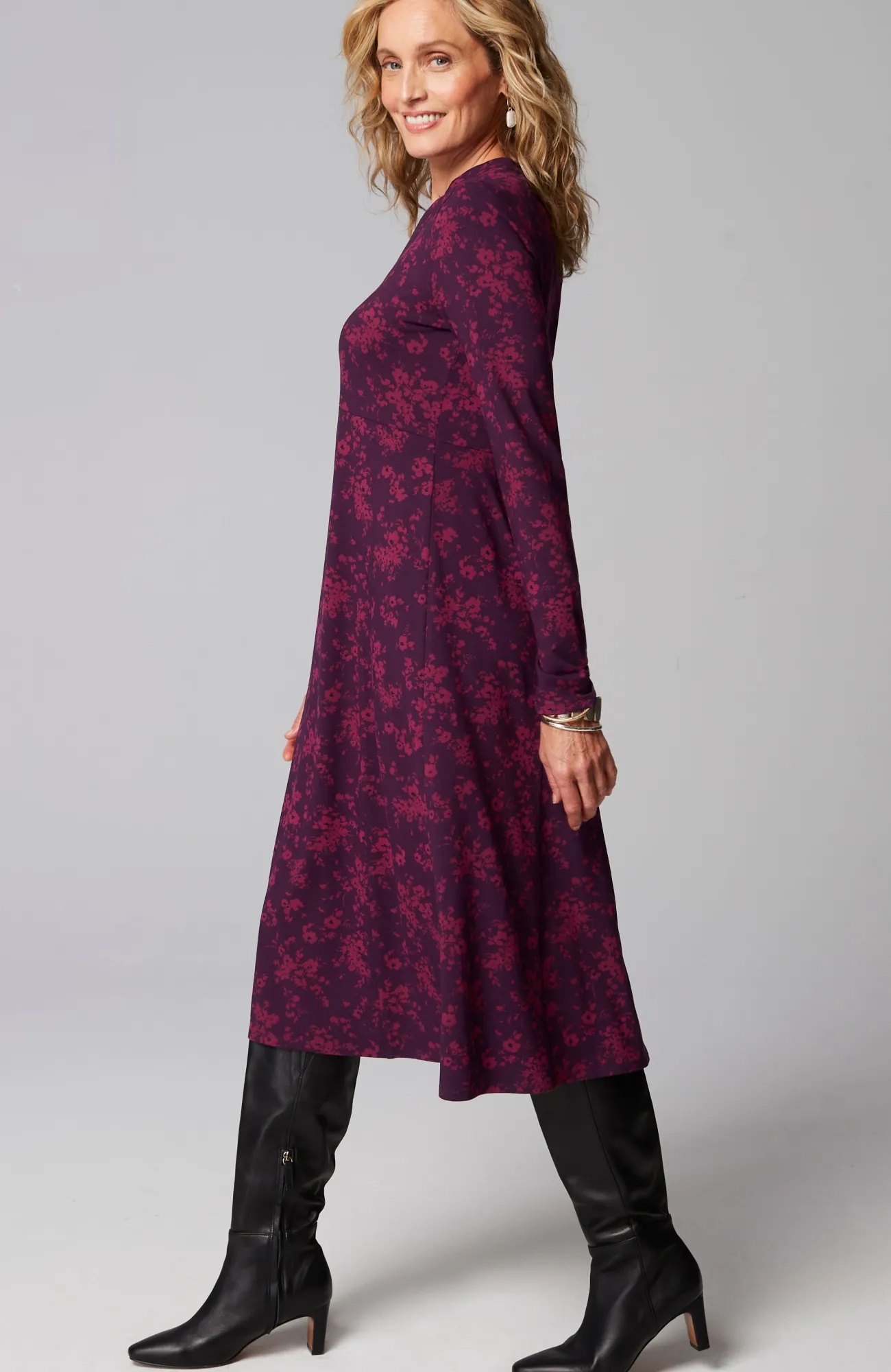 J.Jill Wearever Princess-Seamed V-Neck Dress Black Cherry Scattered Floral Cheap