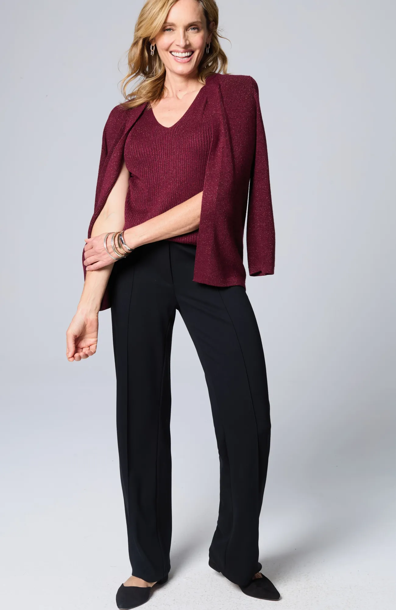 J.Jill Wearever Rib-Textured Sparkle Top Bordeaux Multi New