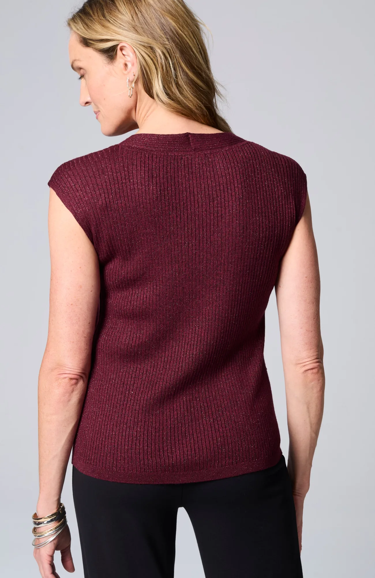 J.Jill Wearever Rib-Textured Sparkle Top Bordeaux Multi New