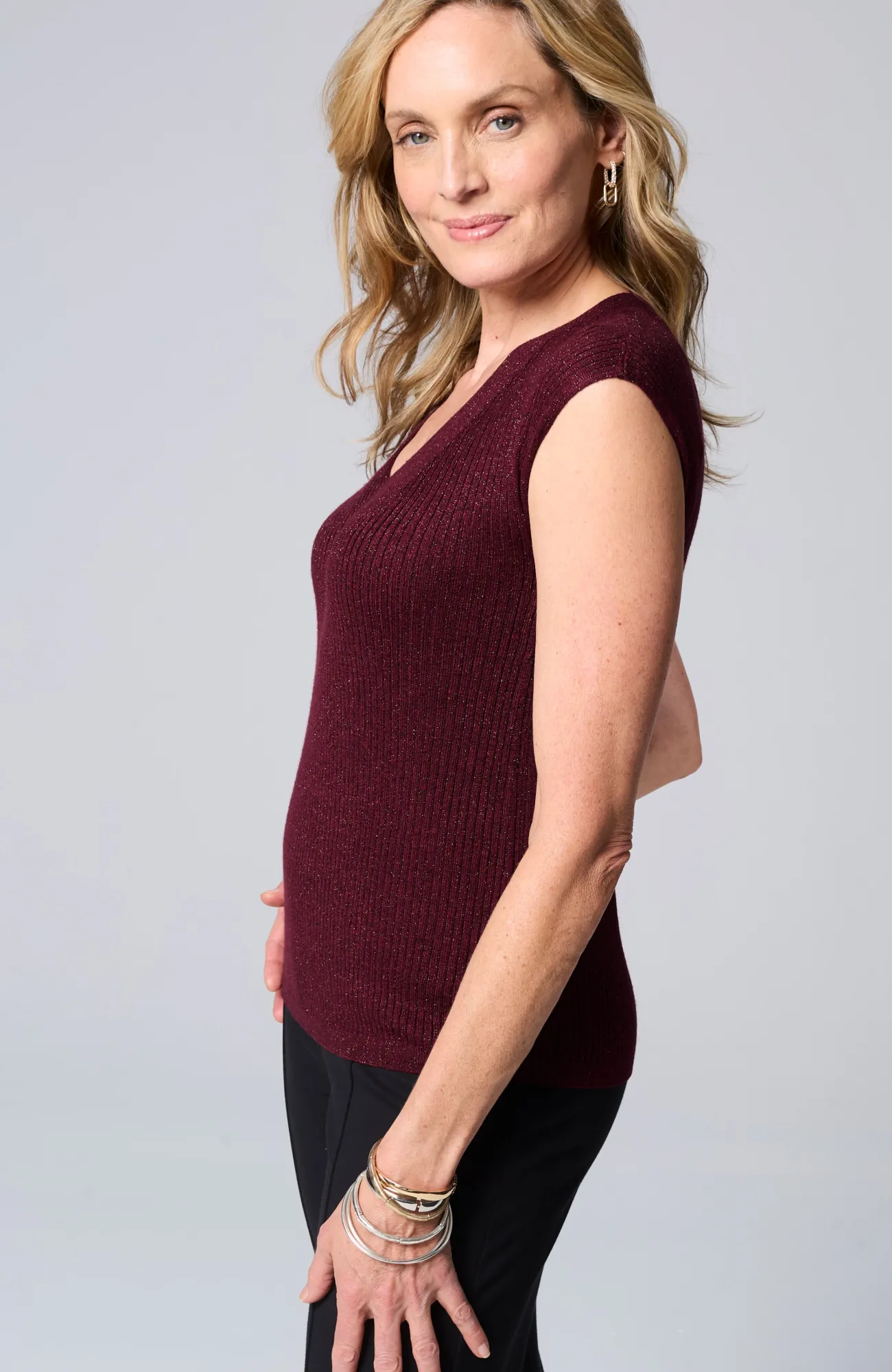 J.Jill Wearever Rib-Textured Sparkle Top Bordeaux Multi New