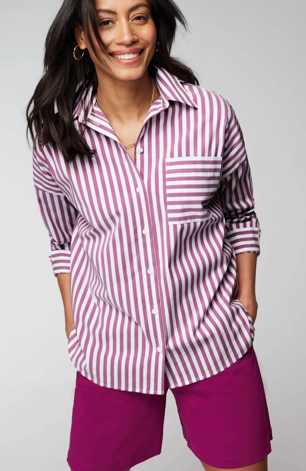 J.Jill Wearever Stepped-Hem Button-Front Shirt Mulberry/white Best Sale