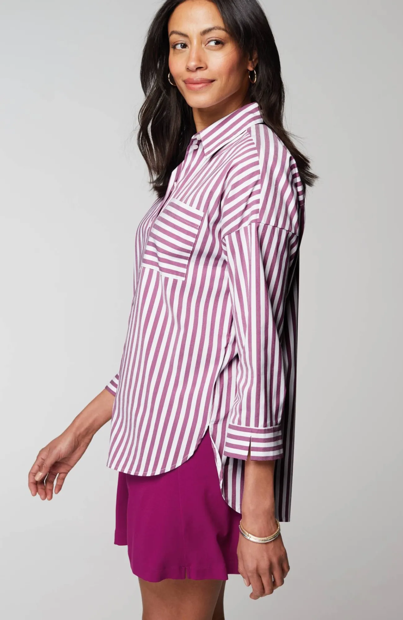 J.Jill Wearever Stepped-Hem Button-Front Shirt Mulberry/white Best Sale