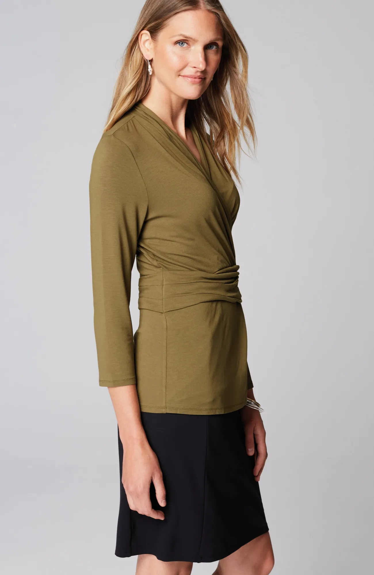 J.Jill Wearever V-Neck Draped-Waist Top Soft Smoky Mauve Heather Fashion