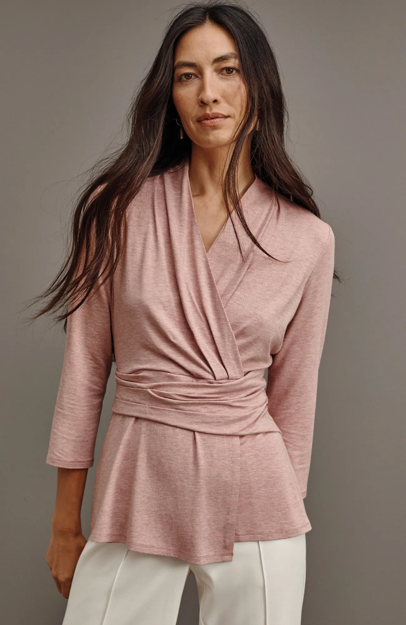 J.Jill Wearever V-Neck Draped-Waist Top Soft Smoky Mauve Heather Fashion