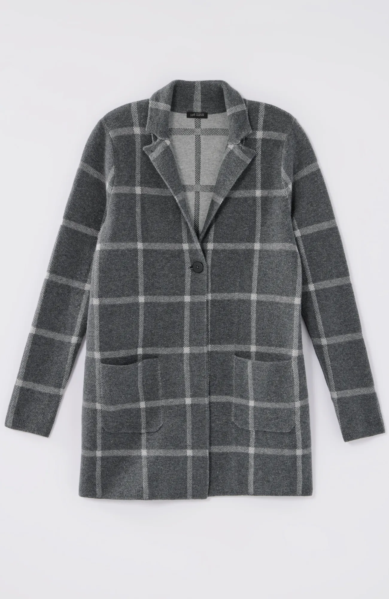 J.Jill Wearever Windowpane Sweater-Jacket Charcoal Heather/grey Heather Store