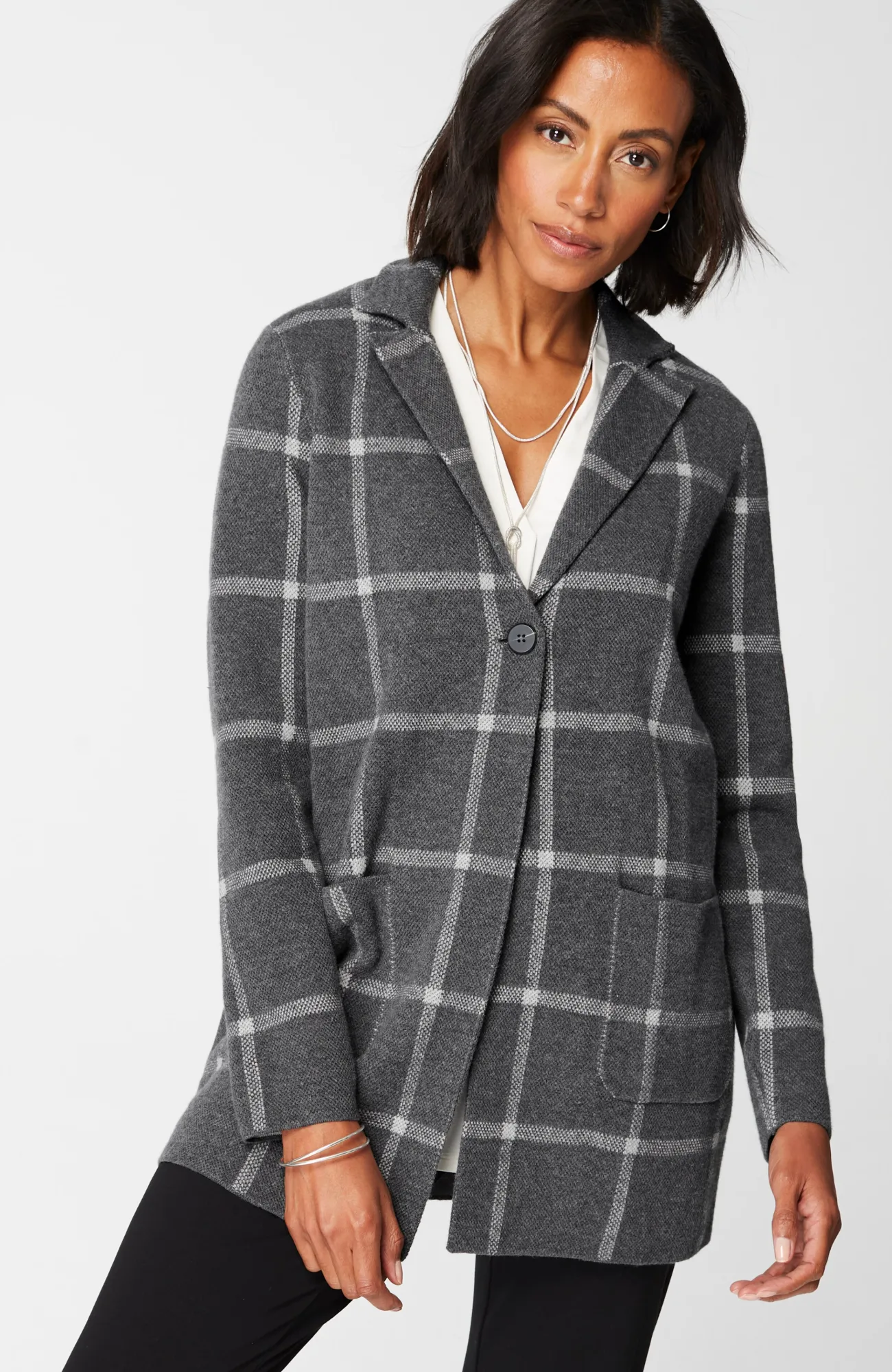 J.Jill Wearever Windowpane Sweater-Jacket Charcoal Heather/grey Heather Store