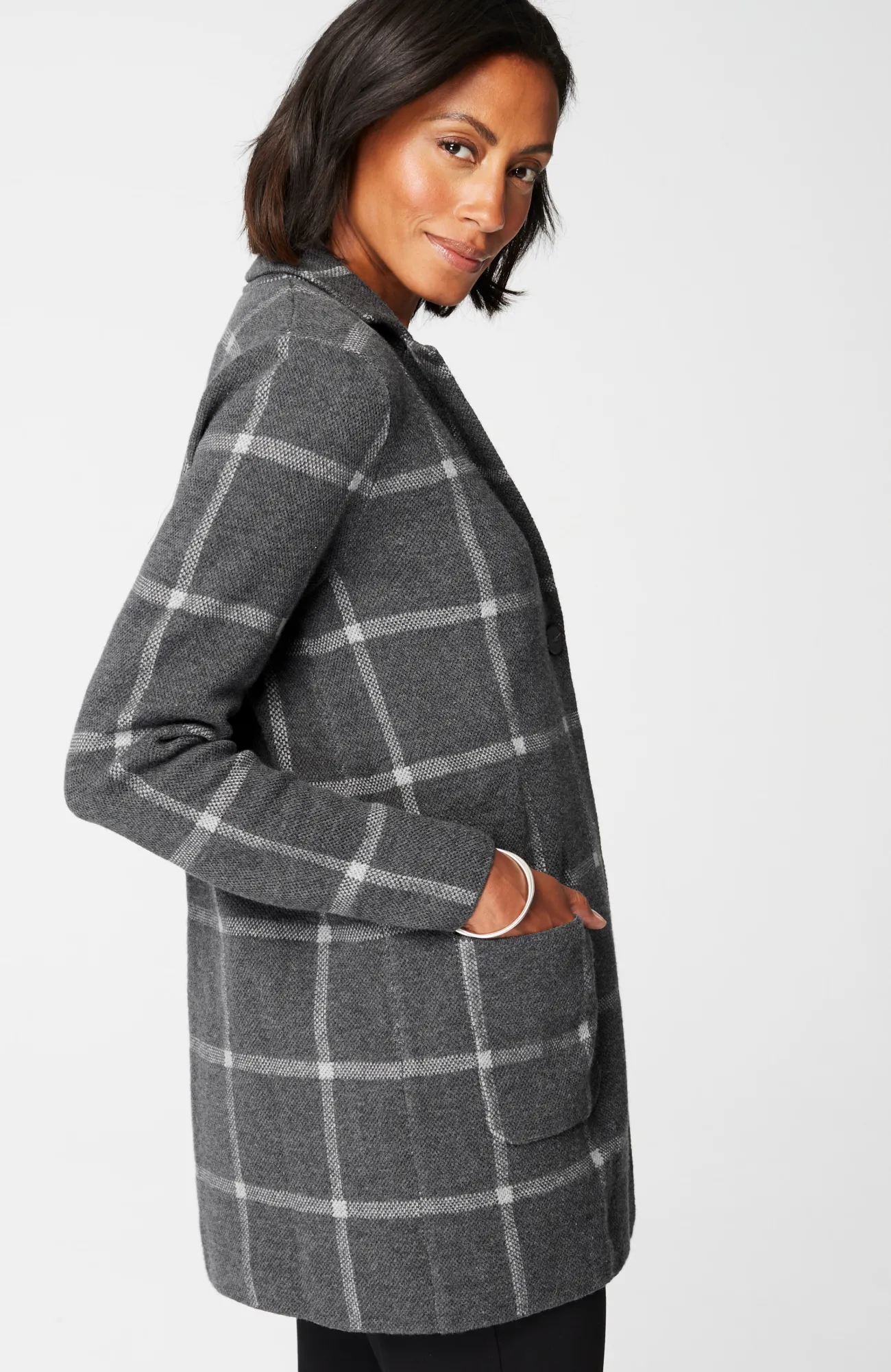J.Jill Wearever Windowpane Sweater-Jacket Charcoal Heather/grey Heather Store